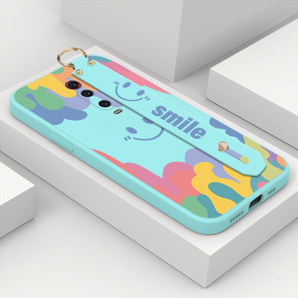 ZeroQiQi for Xiaomi Redmi K20 Pro Wrist Strap Case Soft Candy Color Splash Ink Cover Trend Square Printed Pattern Liquid Silicone Phone Case