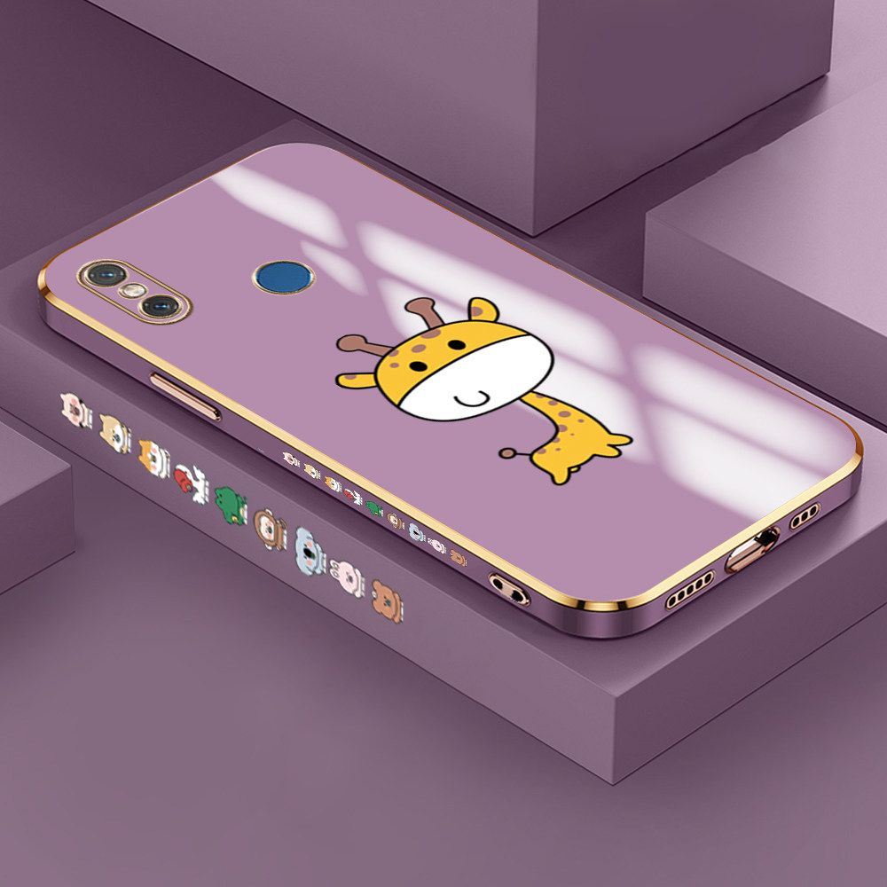 Jizetin (Free Lanyard) Xiaomi 8 Case Cute Cartoon Big Head Giraffe Luxury 6D Plating Soft Casing Silicone Ultra Thin Phone Cover