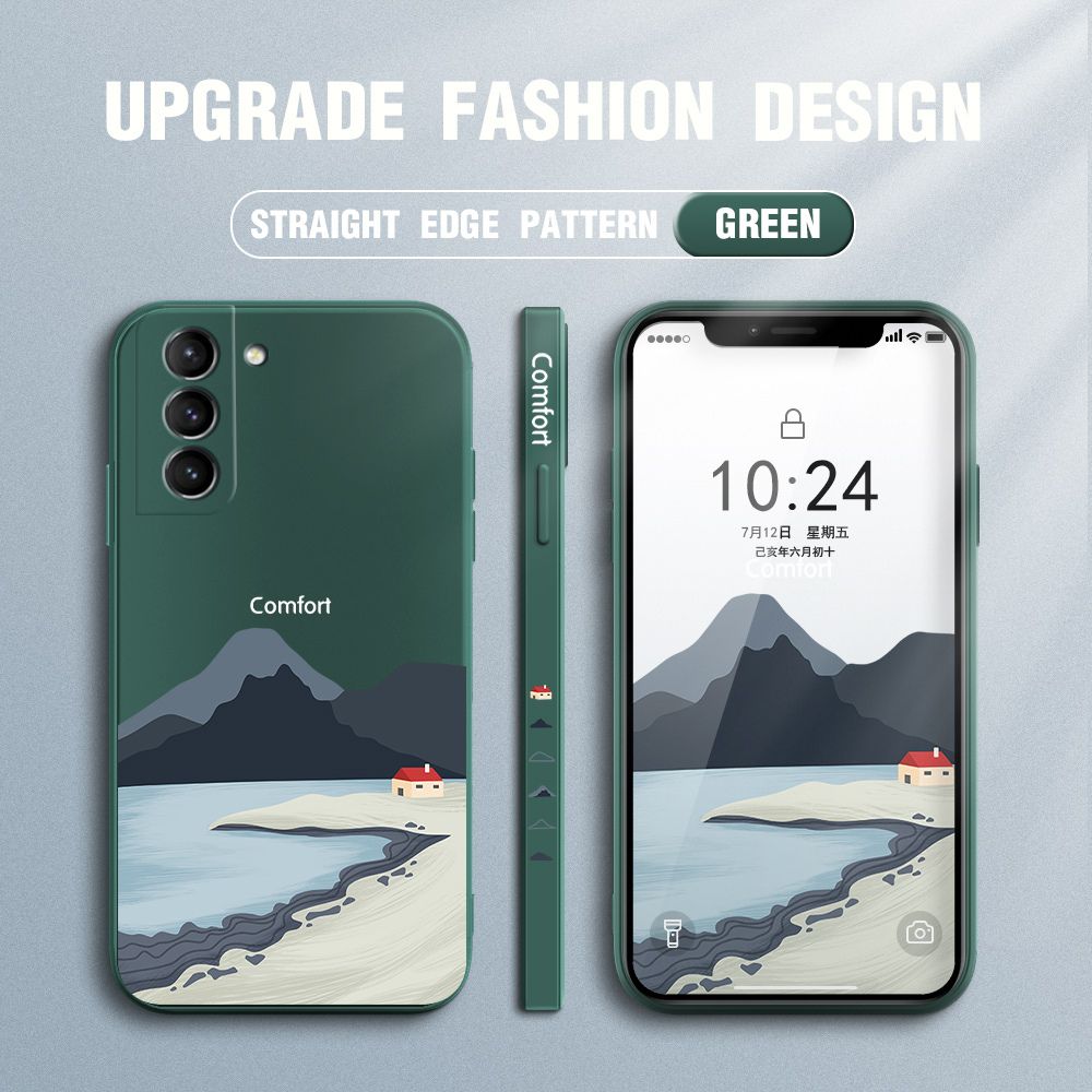 Jizetin for Samsung Galaxy S21 Plus 5G Case Mount Fuji Design Side Design Phone Case Square Edge Pattern Liquid Silicone Cases Full Cover Camera Shockproof Protective Case
