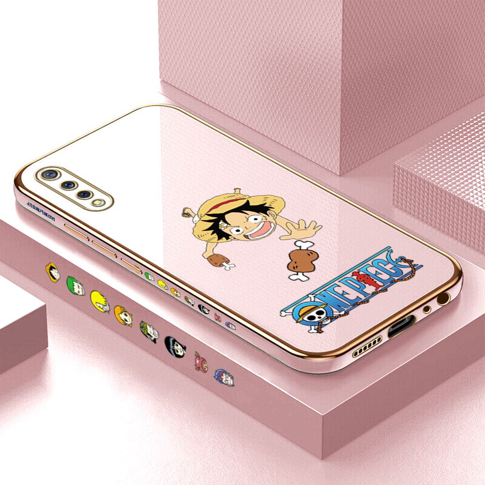 Luxury 6D Plating Case for Vivo S1 Gluttonous Cartoon Luffy Side Pattern Back Cover Soft Silicone Square Frame Shiny Bling Phone Cases + Free Lanyard