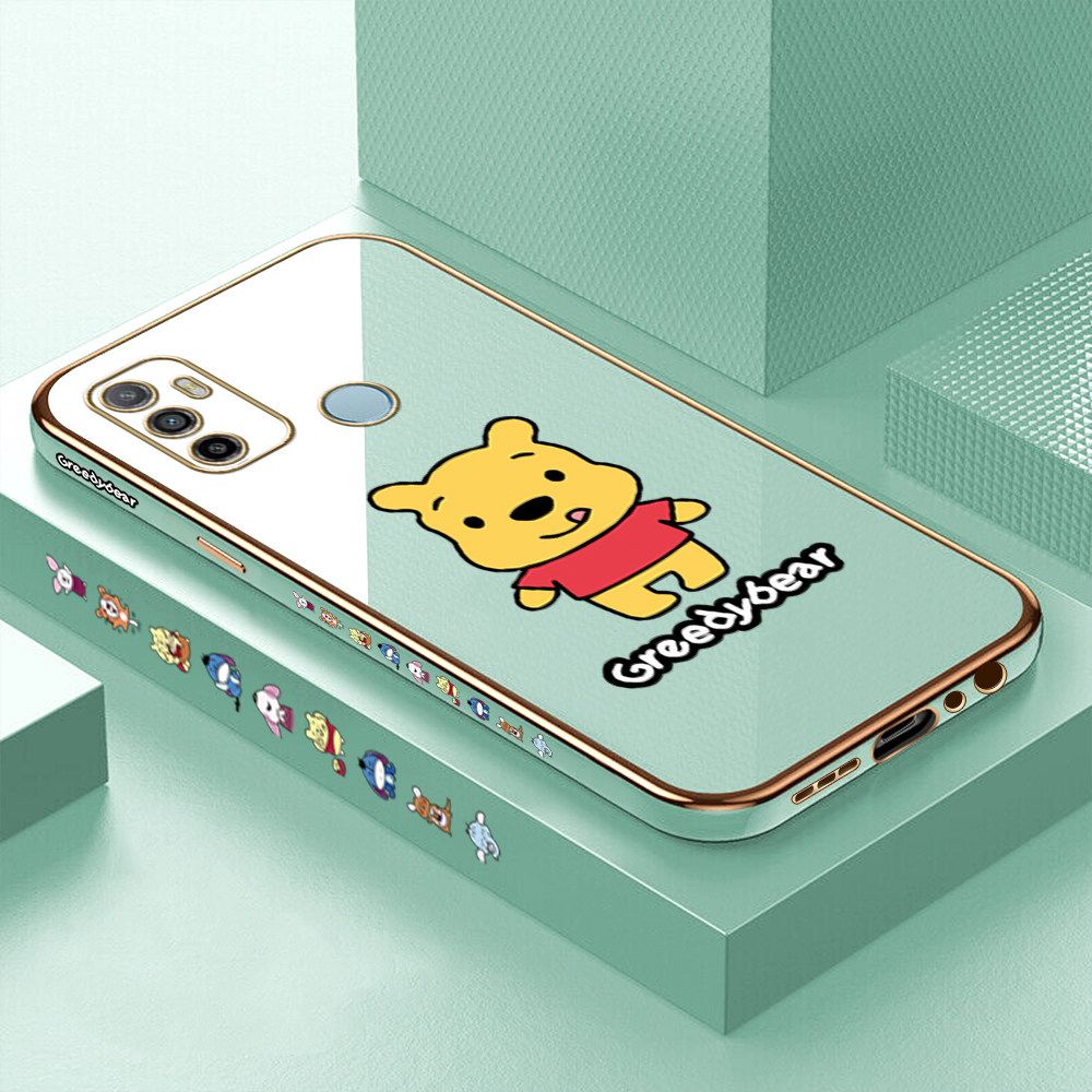 Luxury 6D Plating Case for OPPO A33 2020 Squirming Little Sweet Bear Side Pattern Back Cover Soft Silicone Square Frame Shiny Bling Phone Cases + Free Lanyard