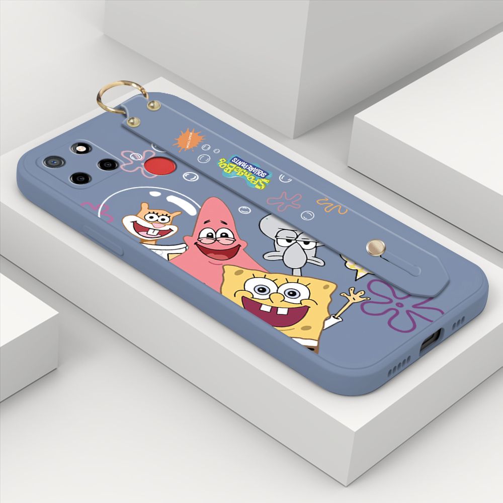 ZeroQiQi for Realme C25 Wrist Strap Case Cute Cute Funny Cartoon Sponge for Square Pants Cover Square Edge Liquid Silicone Anti-drop Phone Case