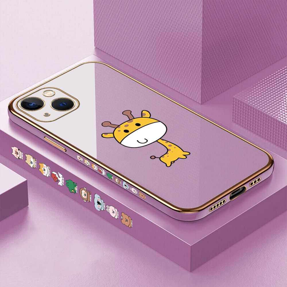 Luxury 6D Plating Case for iPhone 13 Color Cute Giraffe Side Pattern Back Cover Soft Silicone Square Frame Shiny Bling Phone Cases + Free Lanyard