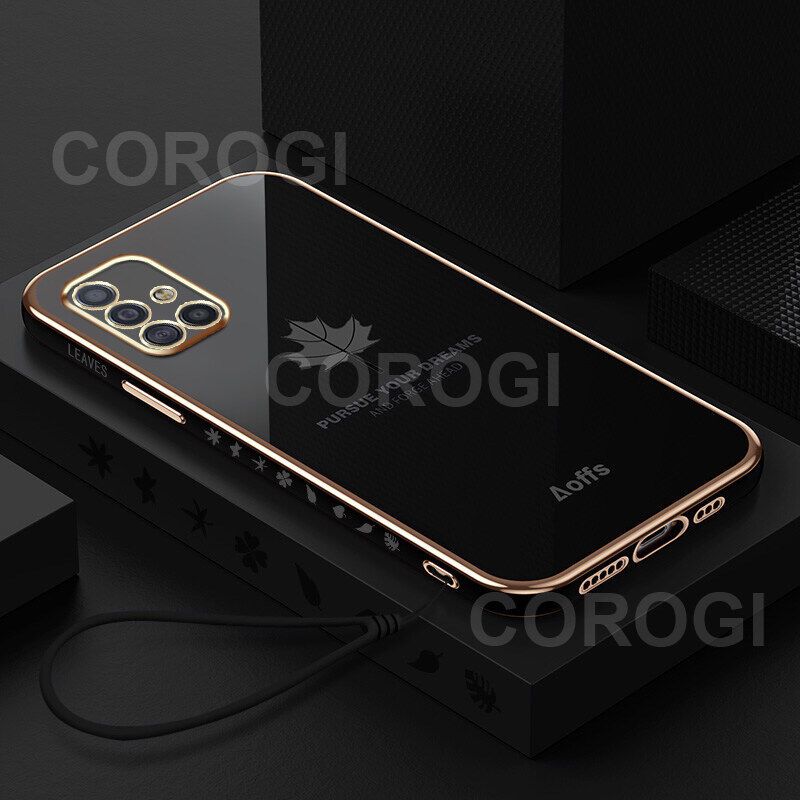 For Samsung Galaxy A71 Cover + Wrist Strap Fashion Shiny Maple leaf Plating Square Bumper Phone Case Soft TPU Silicone Shockproof Protective Back Cover