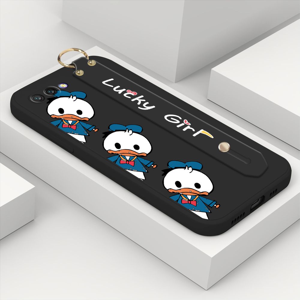 ZeroQiQi for Honor 10 Wrist Strap Case Cute Cartoon Little Duck Phone Case Square Edge Liquid Silicone Case Full Cover Camera Shockproof Protective Cases