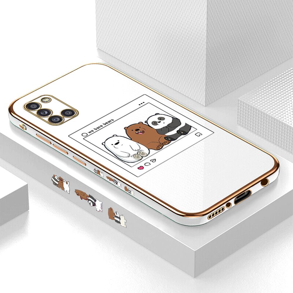 Luxury 6D Plating Case for Samsung A31 Cute Cartoon Anime Bears Side Pattern Back Cover Soft Silicone Square Frame Shiny Bling Phone Cases + Free Lanyard