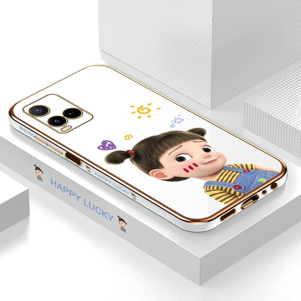 ZeroQiQi for Vivo Y21E / T1X / Y33T / Y21A / Y21S / Y21T / Y21 2021 / Y33S Back Cover Cute Girl Luxury 6D Plating Case Side Pattern Soft Silicone Square Mobile Phone Cases + Free Lanyard
