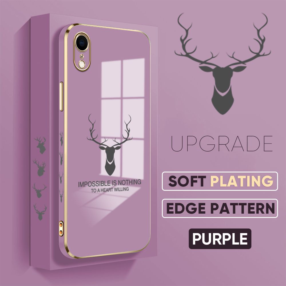 Jizetin (Free Lanyard) iPhone XR Cover Simple Antlers Luxury 6D Plating Soft Casing Silicone Square Frame Phone Case Shiny Bling Back Cover