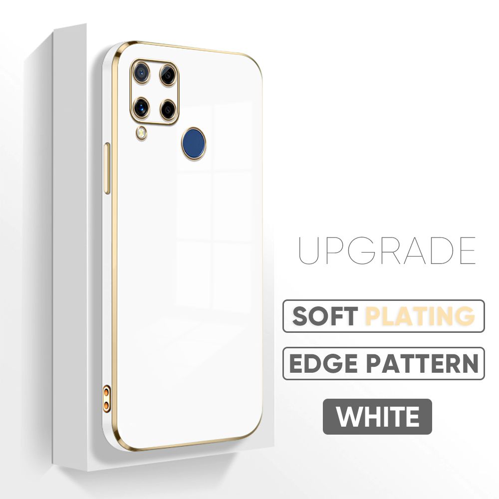 Jizetin (Free Lanyard) Realme C15 Back Cover Luxury 6D Plating Case Side Pattern Soft Silicone Square Mobile Phone Cases