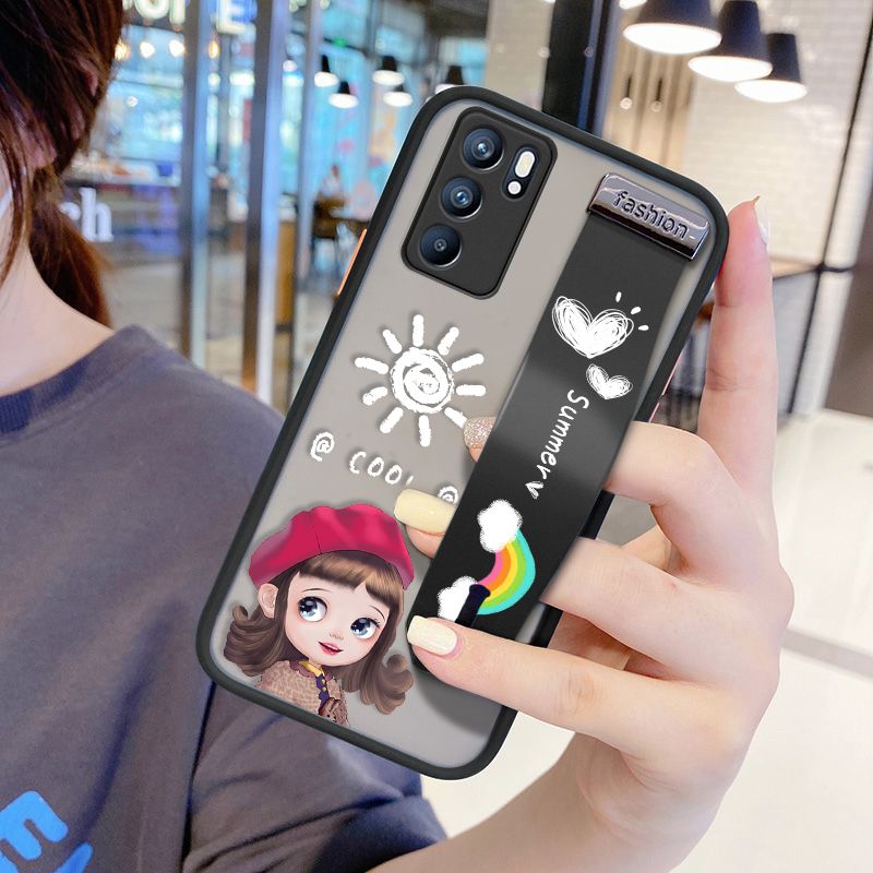 UCUC for OPPO Reno6 5G Wrist Strap Case Lovely Cartoon Red Hat Girl Wristband Printing Cover Shockproof Frosted Phone Case