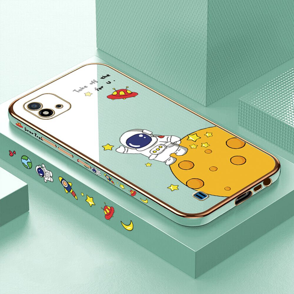 Luxury 6D Plating Case for Realme C20 Cute Cartoon Happy Astronaut Side Pattern Back Cover Soft Silicone Square Frame Shiny Bling Phone Cases + Free Lanyard