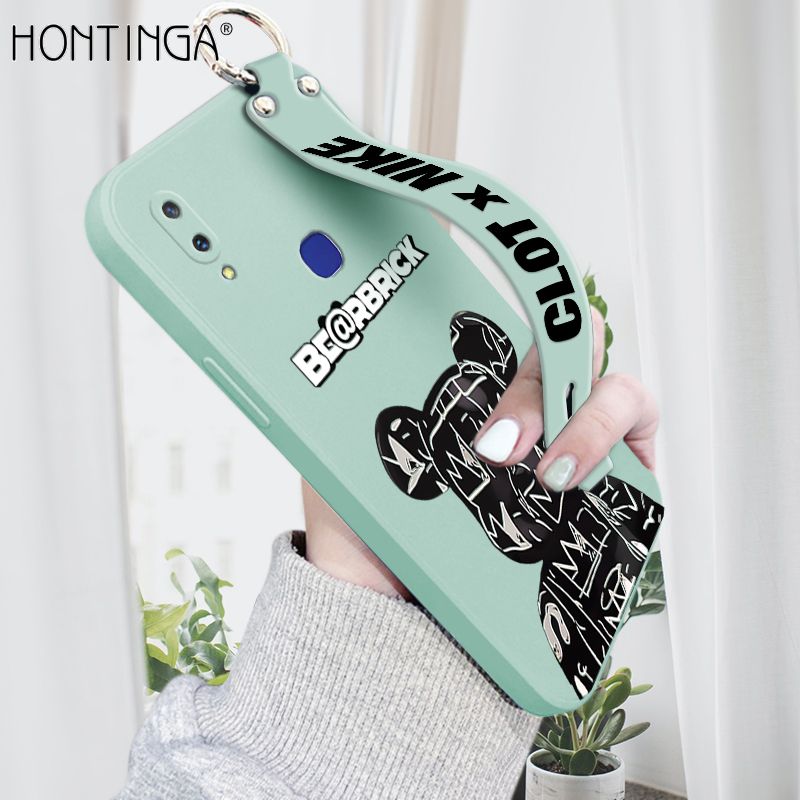 Hontinga for Vivo V11I Wrist Strap Case Fashion Black Brand Bear Phone Case Square Edge Liquid Silicone Cases Full Cover Camera Shockproof Protection Cases