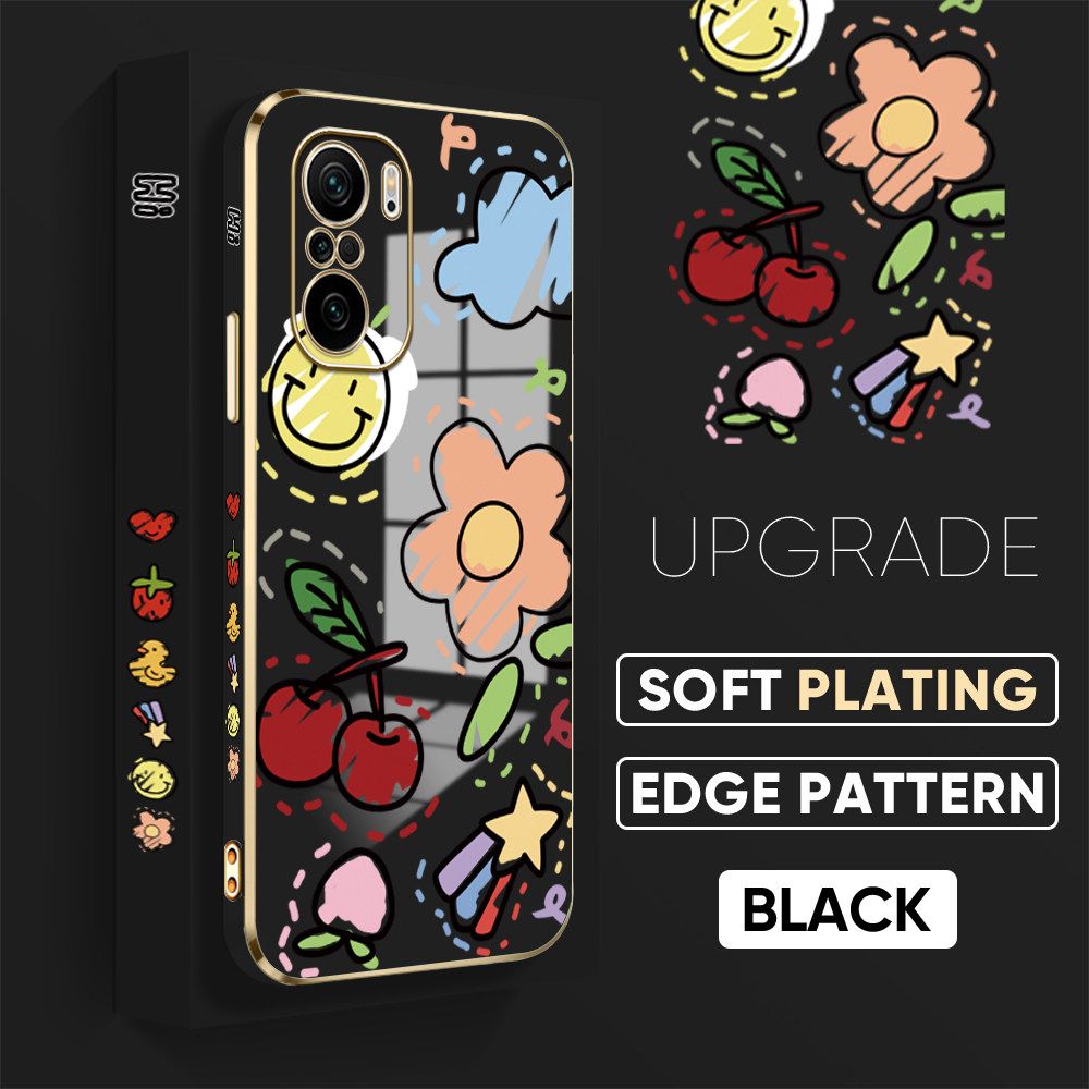 TA for Redmi K40 Pro / Redmi K40 / Xiaomi Poco F3 Back Cover + Free Lanyard Colorful Fruit Painting Luxury 6D Plating Case Side Pattern Soft Silicone Square Phone Cases