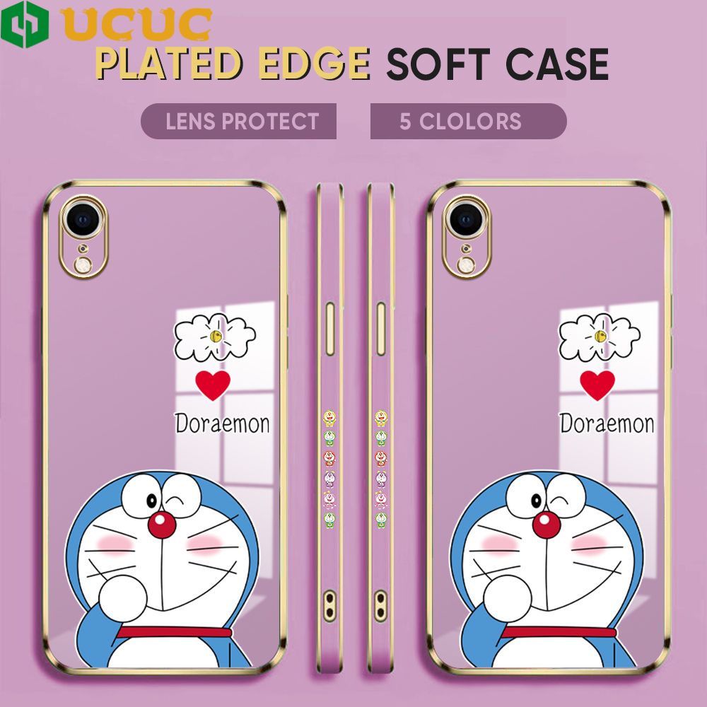 UCUC for iPhone XR Back Cover + Free Lanyard Sneak Doraemon Luxury 6D Plating Case Side Pattern Soft Silicone Square Phone Cases