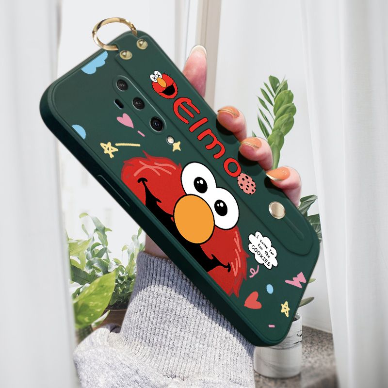 Jizetin for OnePlus 7T Pro Wrist Strap Case Creative Cartoon Red Haired Monster Cover Ultra Thin Anti Fall Liquid Silicone Phone Case