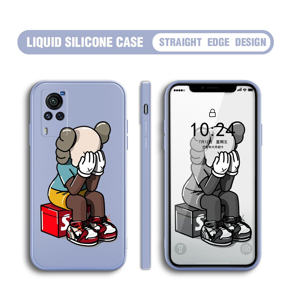 BILI for Vivo X60 Pro 5G Back Cover Lonely Cry bear Multicolor Liquid Silicone Phone Case Soft Square Lens Protection Phone Cases