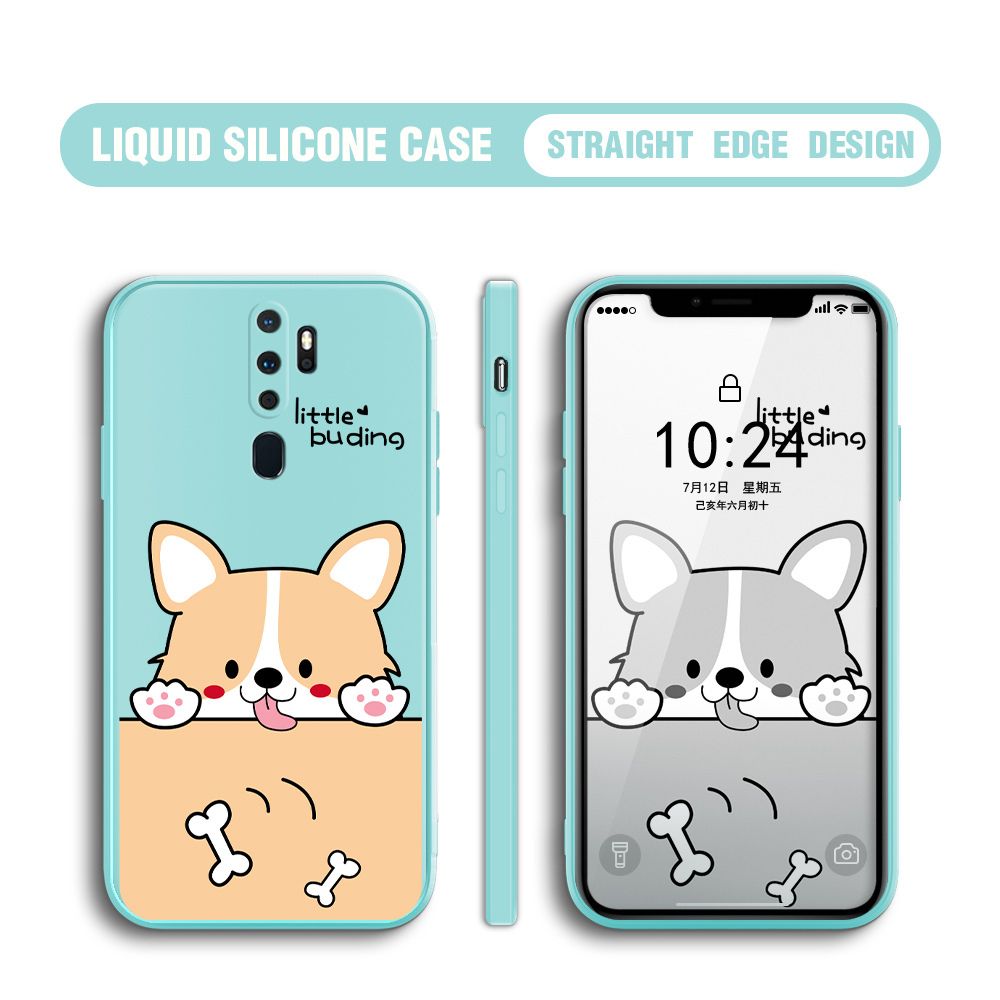 BILI for OPPO A5 2020 / A9 2020 Back Cover Corgi and Bones Multicolor Liquid Silicone Phone Case Soft Square Lens Protection Phone Cases