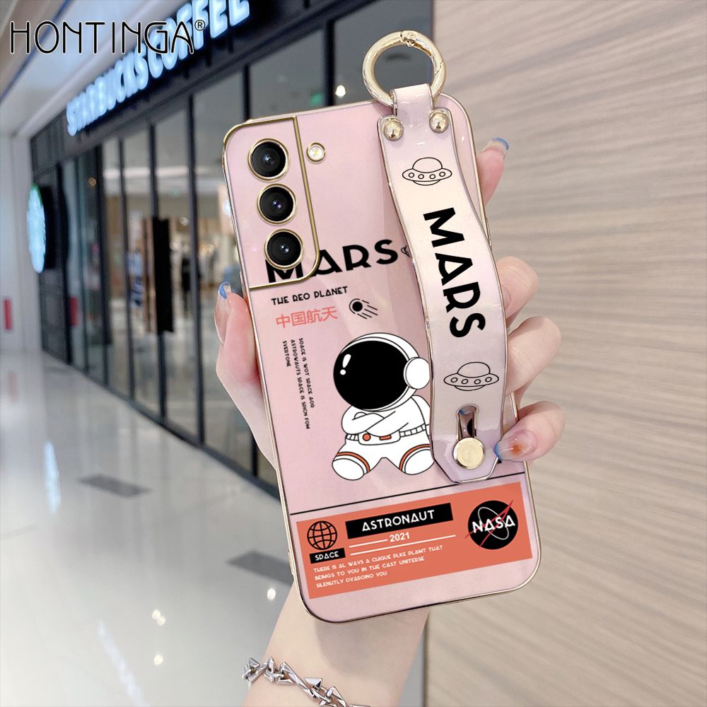 Hontinga for Samsung Galaxy S21 5G Back Cover With Wristband Luxury 6D Plating Cute Space Astronaut  Case Soft Silicone Square Phone Cases