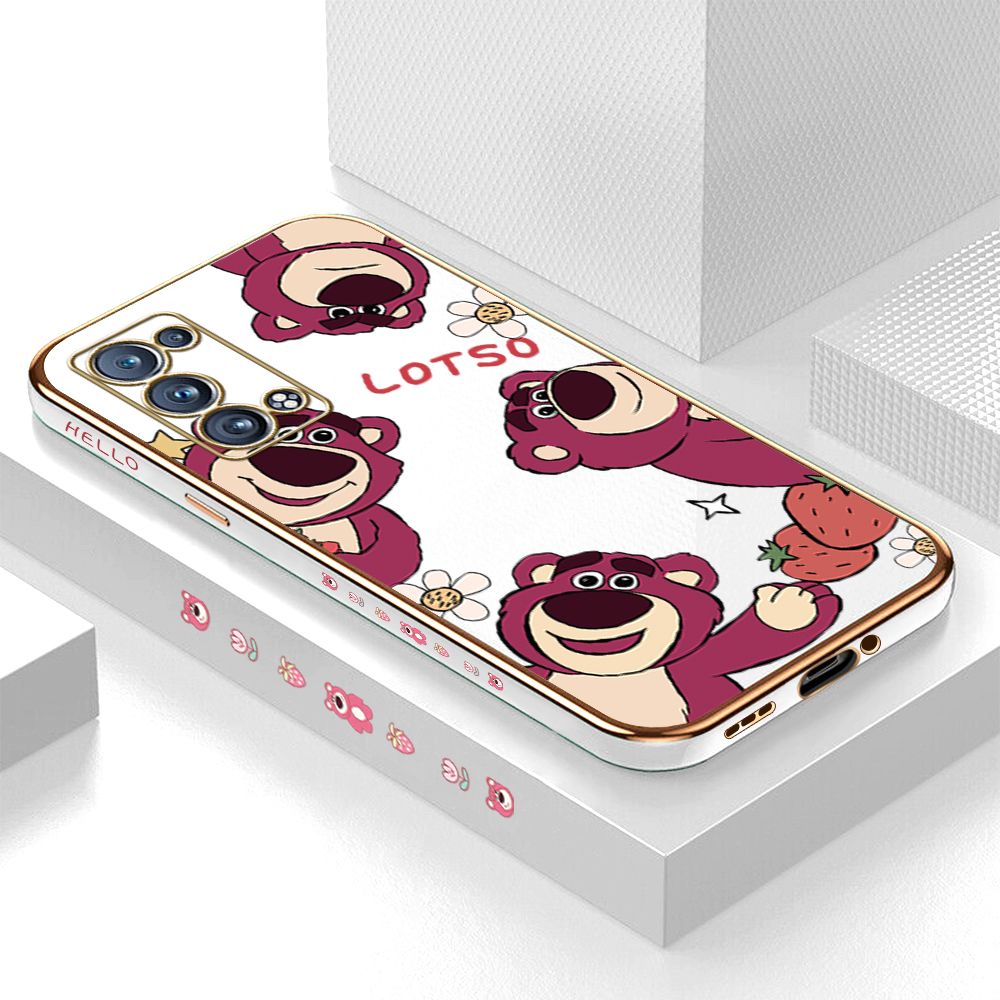 ZeroQiQi for OPPO Reno6 Pro 5G Back Cover Cute Bear Luxury 6D Plating Case Side Pattern Soft Silicone Square Phone Cases + Free Lanyard