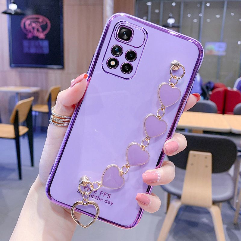 For Xiaomi 11i HyperCharge 5G Cover + Love Heart Bracelet Fashion Shiny Wrist Chain Plating Bumper Slim Phone Case Soft TPU Silicone Shockproof Protective Back Cover