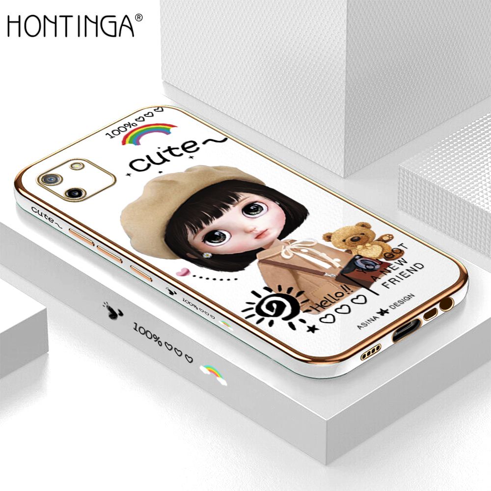 Hontinga for Realme C11 Back Cover + Free Lanyard Luxury 6D Plating Cartoon Satchel Girl Side Pattern Case Soft Silicone Square Phone Cases
