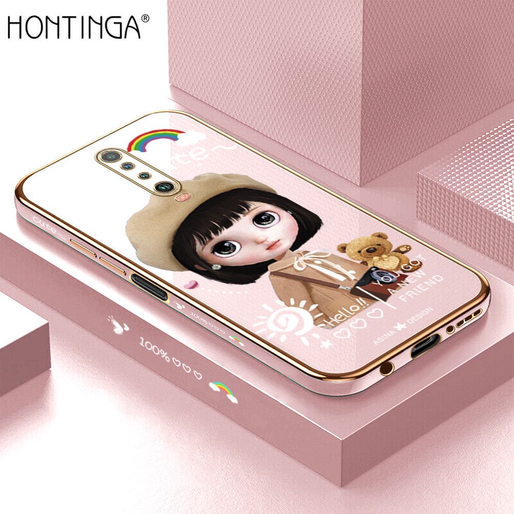 Hontinga for Redmi K30 Back Cover + Free Lanyard Luxury 6D Plating Cute Satchel Girl Side Pattern Case Soft Silicone Square Mobile Cover