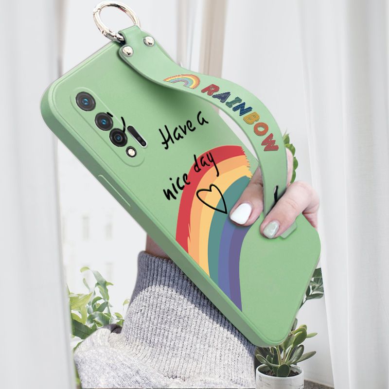 Hontinga for Huawei Nova 6 Wrist Strap Case Lovely Graffiti Rainbow Smile Thin Phone Cover Square Edge Liquid Silicone Creativity Phone Case