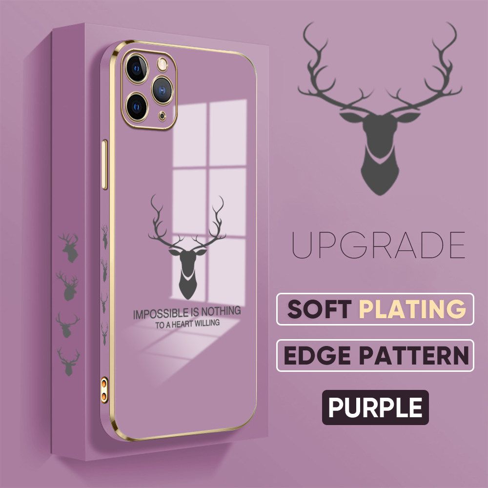 Jizetin (Free Lanyard) iPhone 11 Pro Max Back Cover Antlers Luxury 6D Plating Case Side Pattern Soft Silicone Square Phone Cases