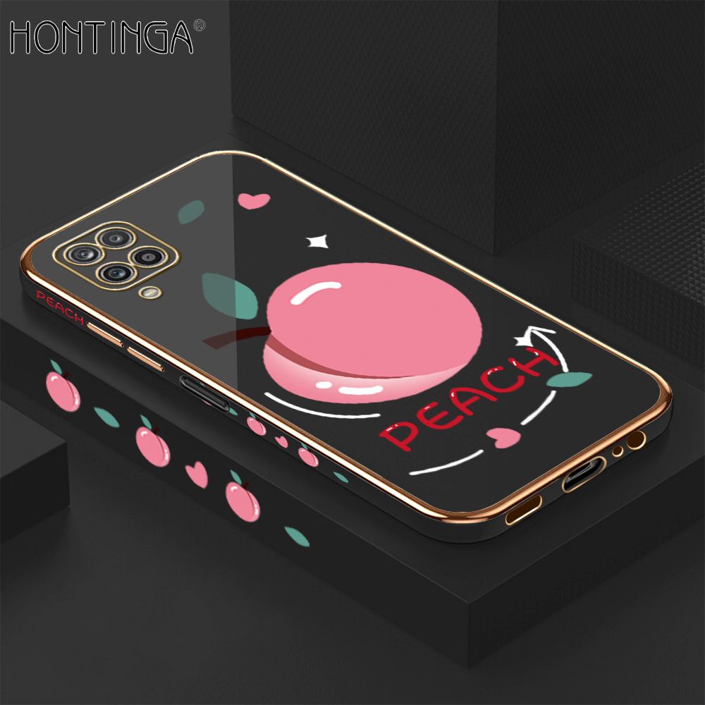 Hontinga for Samsung M12 A12 4G/5G Back Cover + Free Lanyard Luxury 6D Plating Cartoon Simple Peach Side Pattern Case Soft Silicone Square Mobile Cover