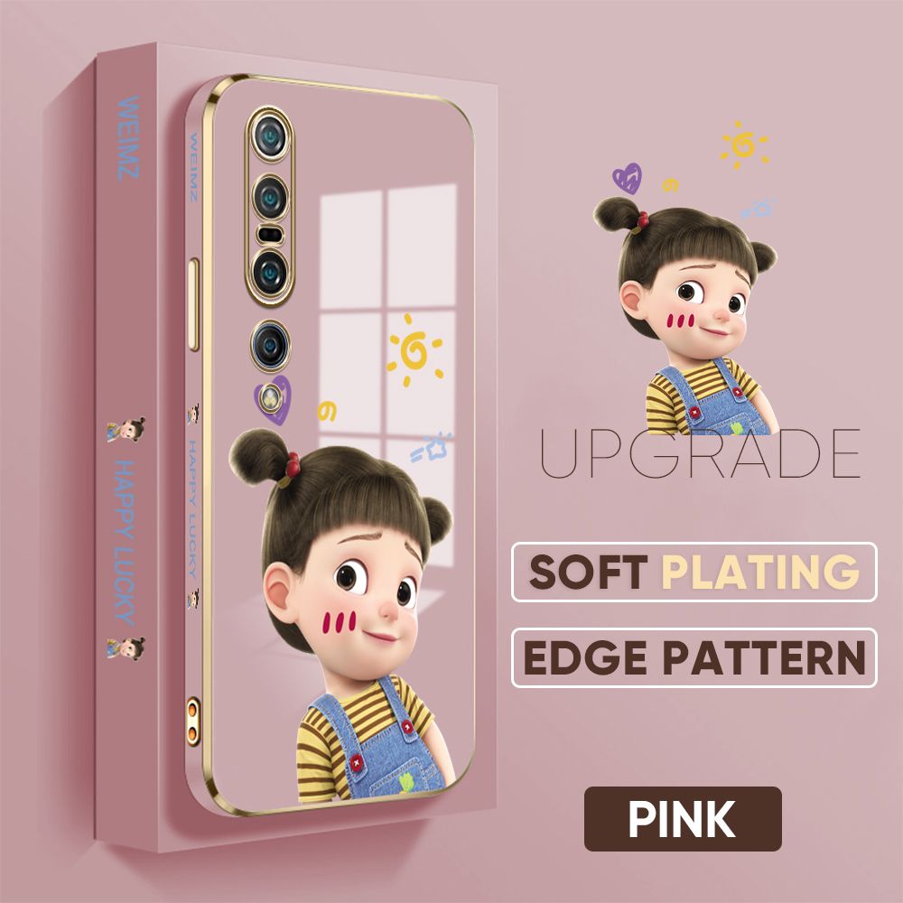 Jizetin (Free Lanyard) Xiaomi Mi 10 Pro Back Cover Double Ponytail Girl Luxury 6D Plating Case Side Pattern Soft Silicone Square Mobile Phone Cases