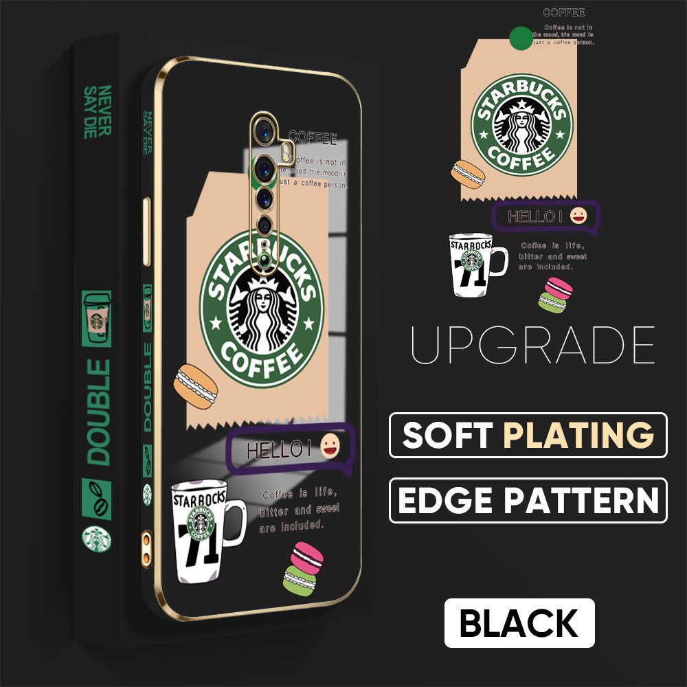Jizetin (Free Lanyard) OPPO Reno 2 Back Cover Two Coffee Macaron Luxury 6D Plating Case Side Pattern Soft Silicone Square Mobile Phone Cases
