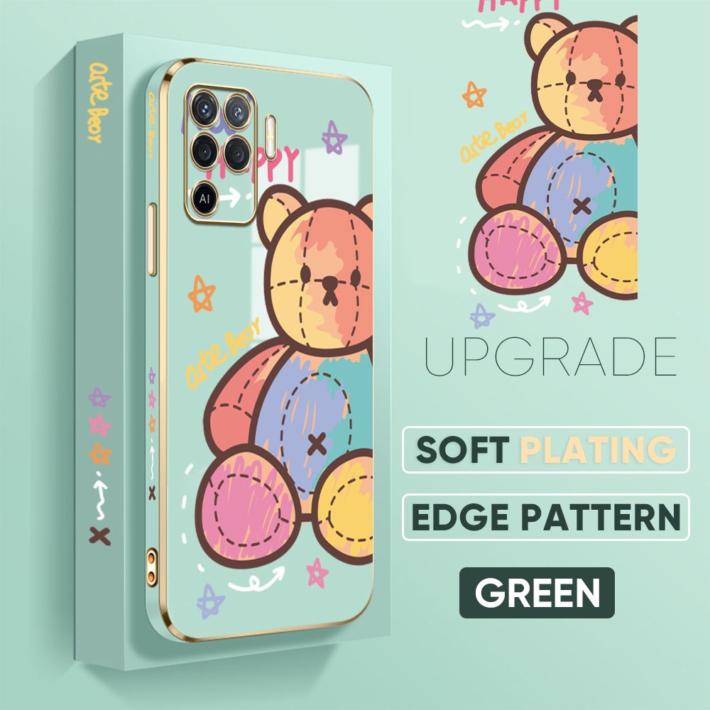 Jizetin (Free Lanyard) OPPO A94 Cover Color Doll Luxury 6D Plating Soft Casing Silicone Square Frame Phone Case Shiny Bling Back Cover