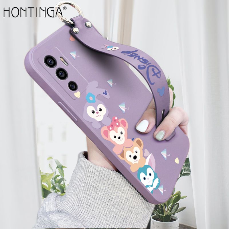 Hontinga for Vivo V23E 5G / 4G Back Cover Wrist Strap Cartoon Rabbit Fox Case Square Printed Pattern Liquid Silicone Phone Cases