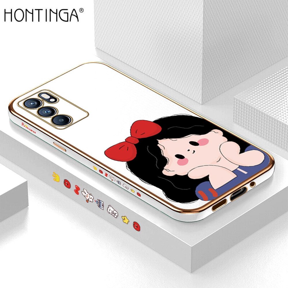 Hontinga for OPPO Reno6 5G Back Cover + Free Lanyard Luxury 6D Plating Cute Bow Girl Side Pattern Case Soft Silicone Square Mobile Cover