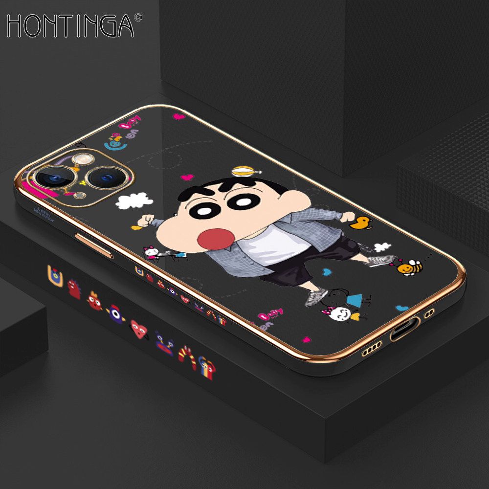 Hontinga for iPhone 13 Mini Back Cover + Free Lanyard Luxury 6D Plating Cartoon Crayon Shin-chan Side Pattern Case Soft Silicone Square Phone Cases