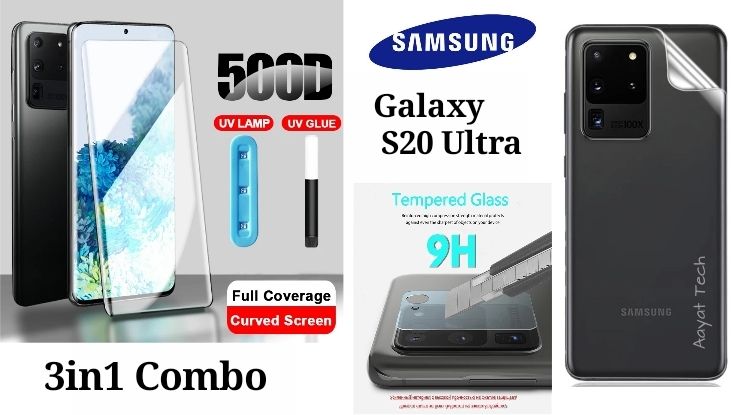 Samsung Galaxy S20 Ultra - (3IN1) - Premium Quality Full Cover UV Clear Tempered Glass Screen Protector, Back Side Protector Film, Camera Lens Protector FIlm