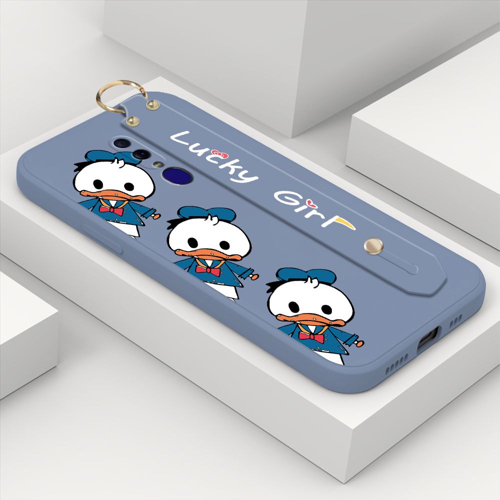 ZeroQiQi for OPPO F11 Wrist Strap Case Cute Cartoon Little Duck Phone Case Square Edge Liquid Silicone Case Full Cover Camera Shockproof Protective Cases