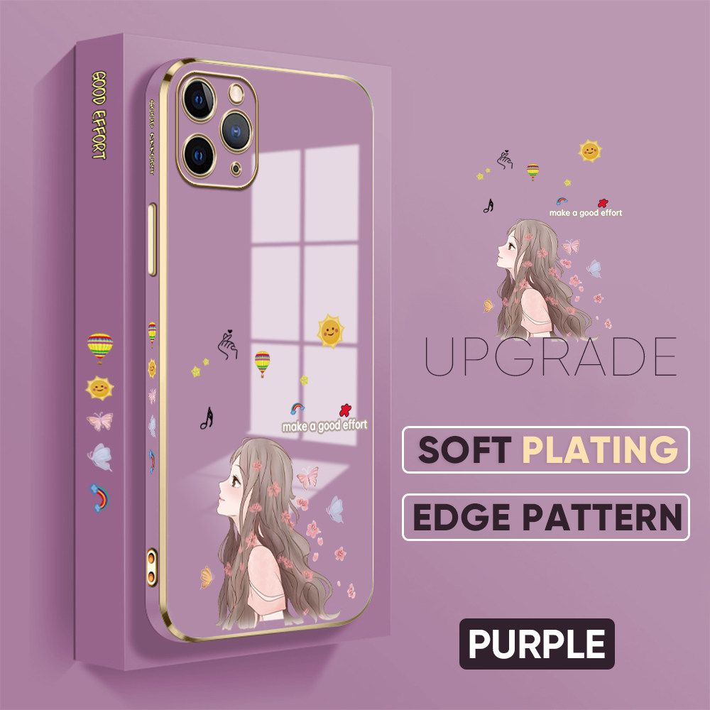 TA for iPhone 11 Pro Max Back Cover + Free Lanyard Charming Girl Luxury 6D Plating Case Side Pattern Soft Silicone Square Phone Cases
