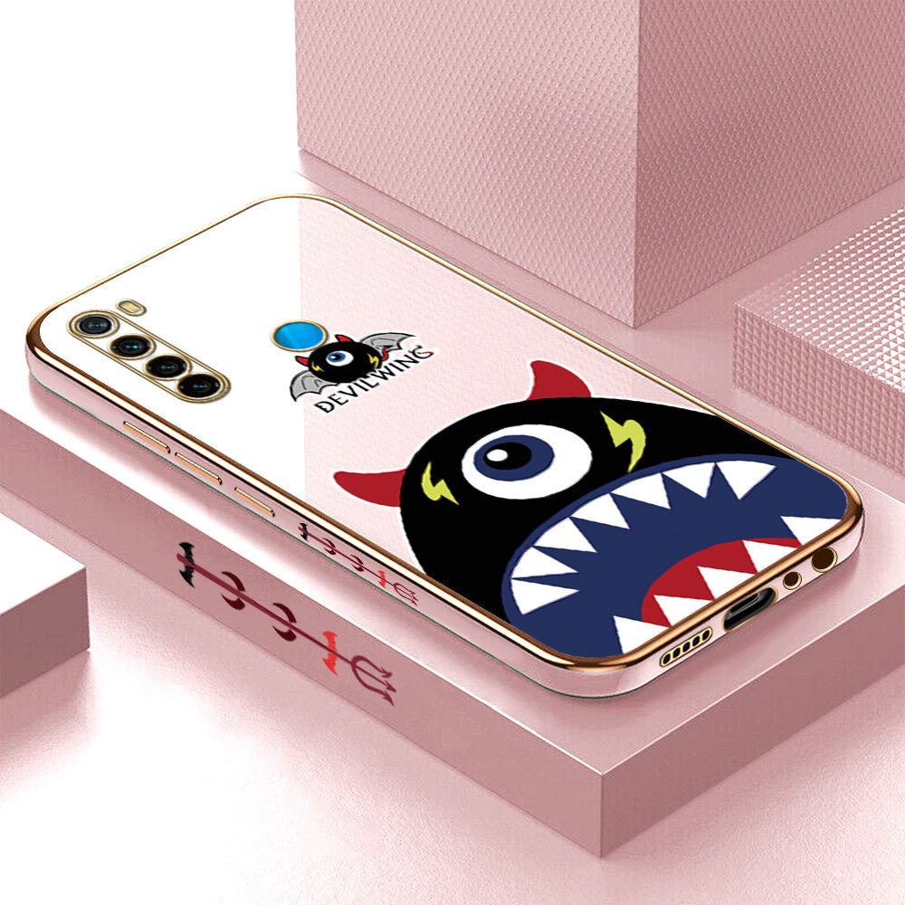 Luxury 6D Plating Case for Redmi Note 8 Cartoon One-eyed Devil Wing Side Pattern Back Cover Soft Silicone Square Frame Shiny Bling Phone Cases + Free Lanyard