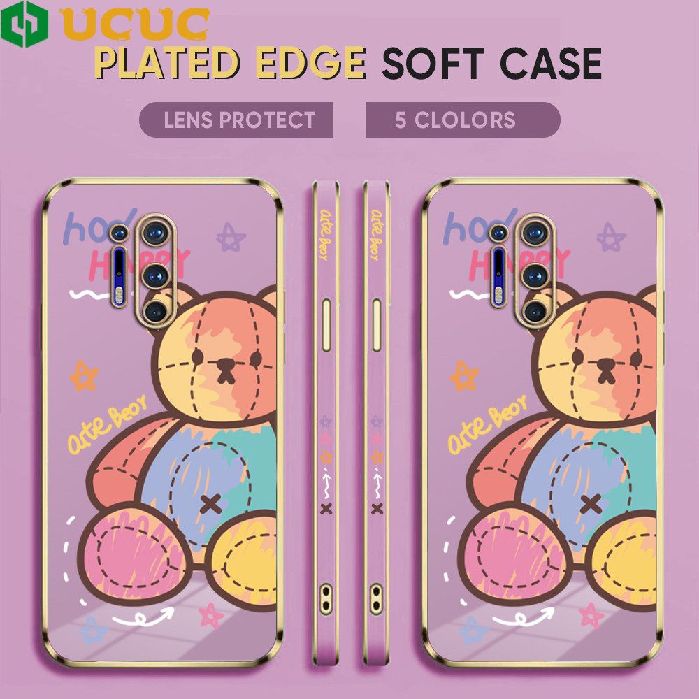 UCUC for OnePlus 8 Pro Back Cover + Free Lanyard Colorful Muppet Bear Luxury 6D Plating Case Side Pattern Soft Silicone Square Phone Cases