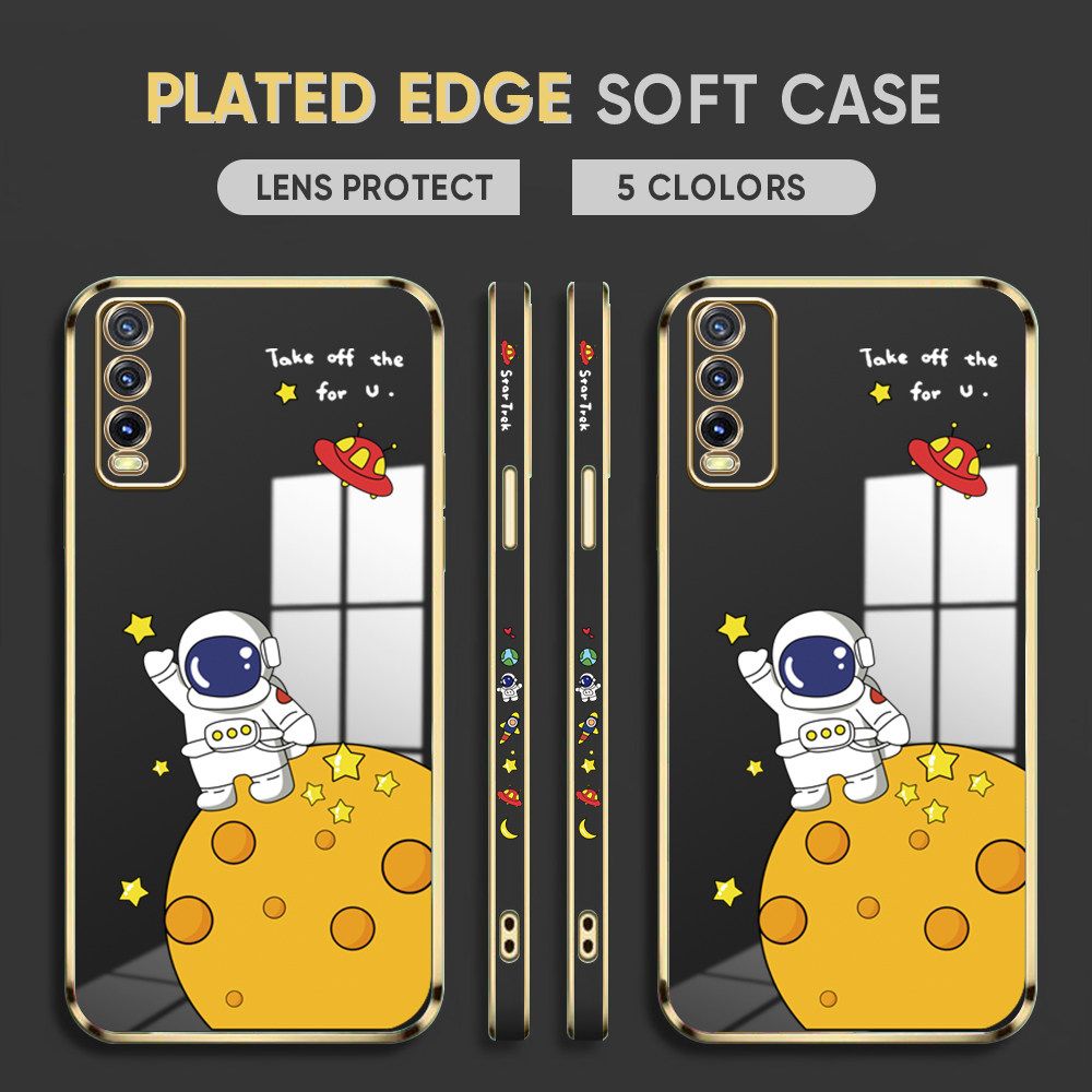 Luxury 6D Plating Case for Vivo Y20SG Phone Cases Cute Cartoon Happy Astronaut Side Print Soft Silicone Square Back Cover