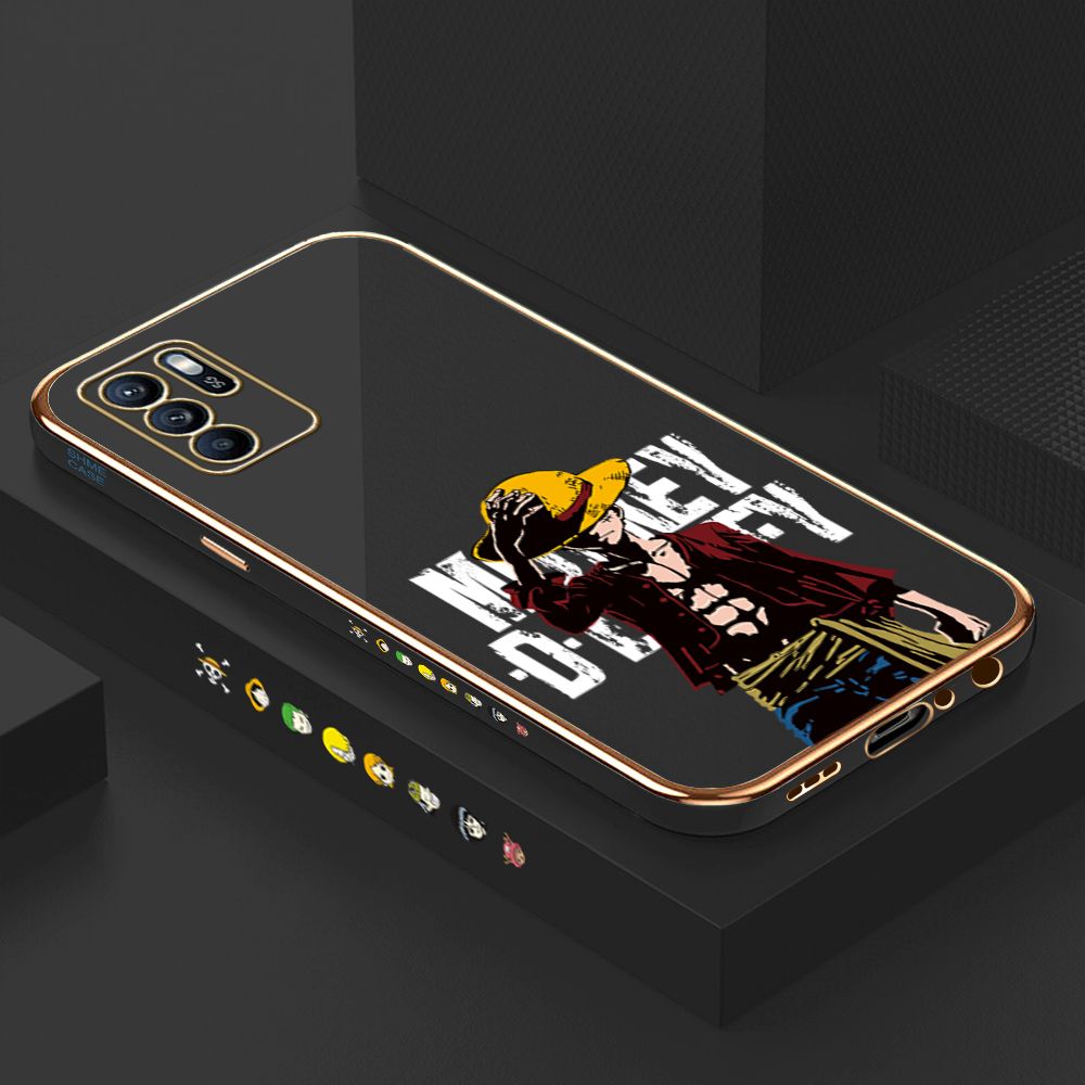 Luxury 6D Plating Case for OPPO Reno6 Z 5G Handsome Luffy Side Pattern Back Cover Soft Silicone Square Phone Cases + Free Lanyard
