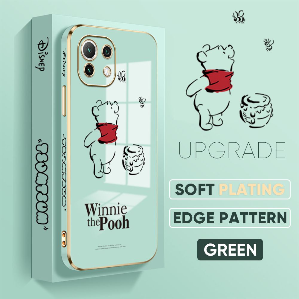 Jizetin (Free Lanyard) Xiaomi Mi 11 Back Cover Honeypot Pooh Luxury 6D Plating Case Side Pattern Soft Silicone Square Mobile Phone Cases