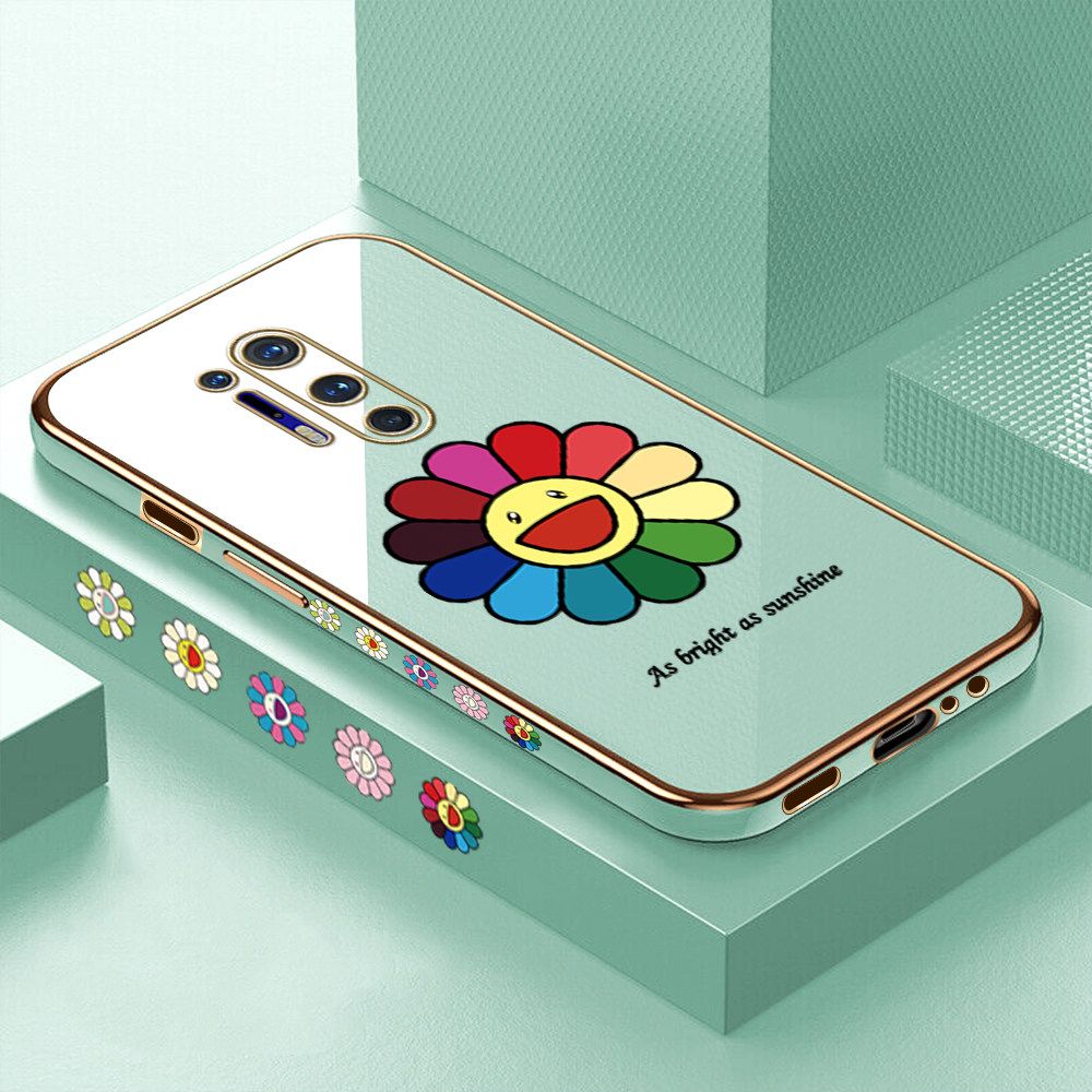 Luxury 6D Plating Case for OnePlus 8 Pro Colored Sunflower Side Pattern Back Cover Soft Silicone Square Frame Shiny Bling Phone Cases + Free Lanyard
