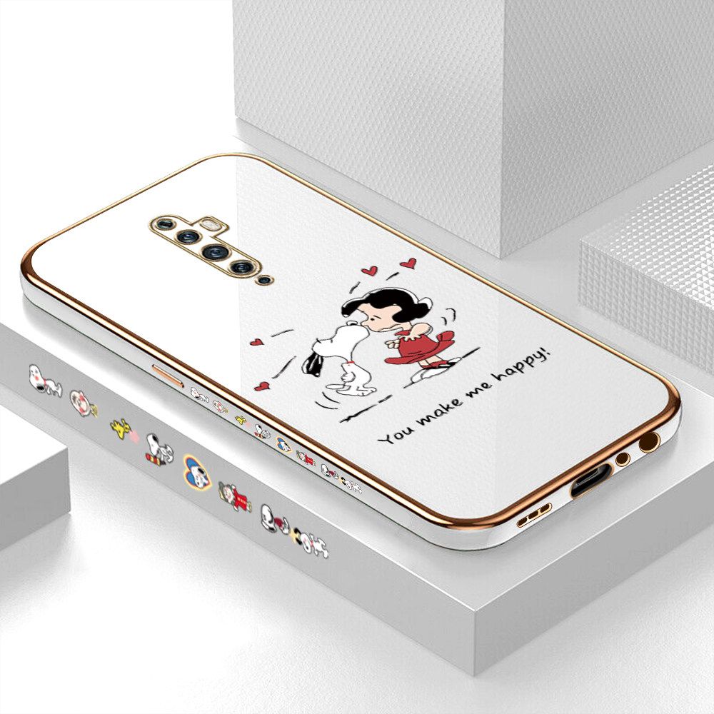 Luxury 6D Plating Case for OPPO Reno2 F Happy Cartoon Puppy Side Pattern Back Cover Soft Silicone Square Frame Shiny Bling Phone Cases + Free Lanyard