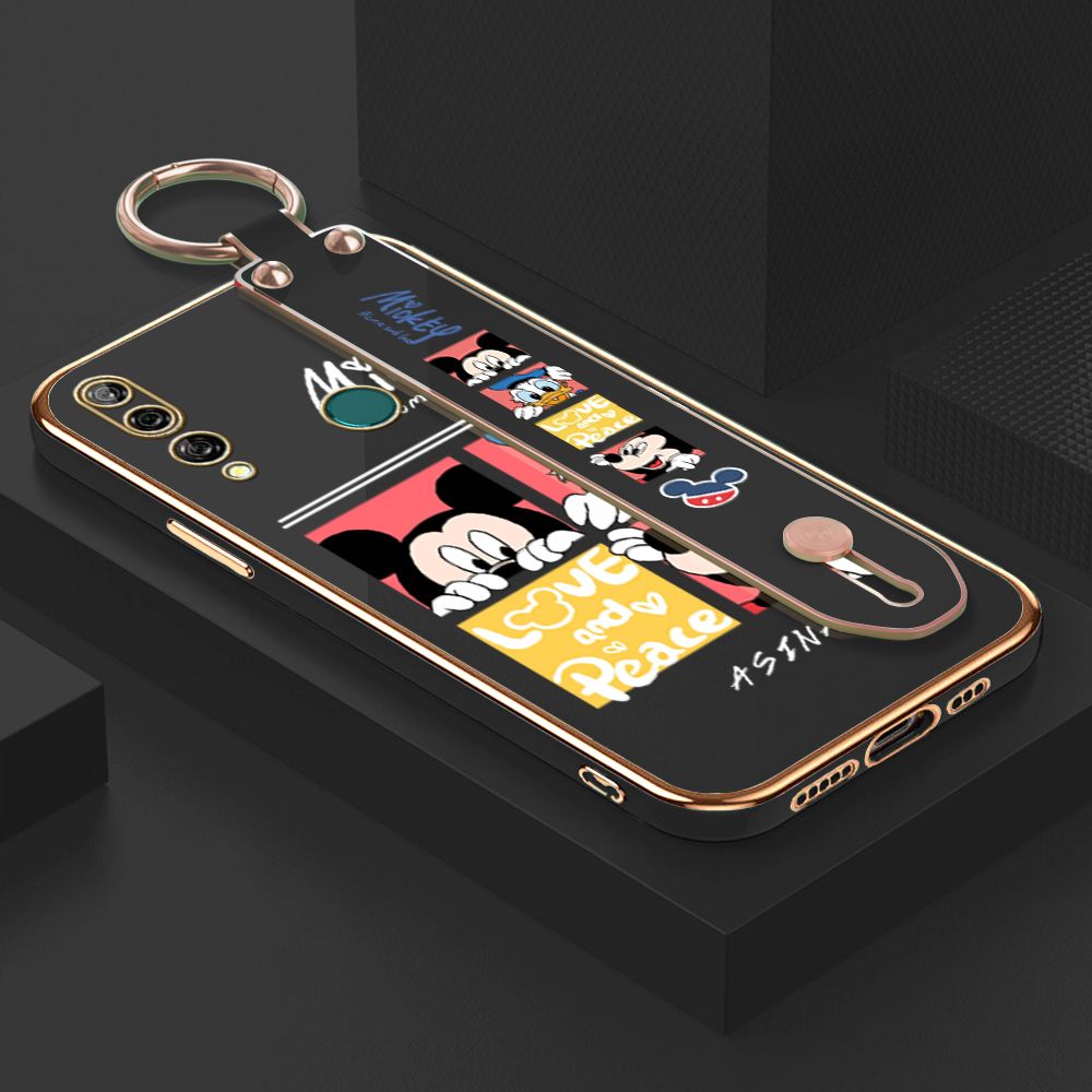 Jizetin for Huawei Y9 Prime 2019 Back Cover Lovely Mouse Luxury 6D Plating Wrist Strap Phone Cases Soft Silicone Square Mobile Phone Case