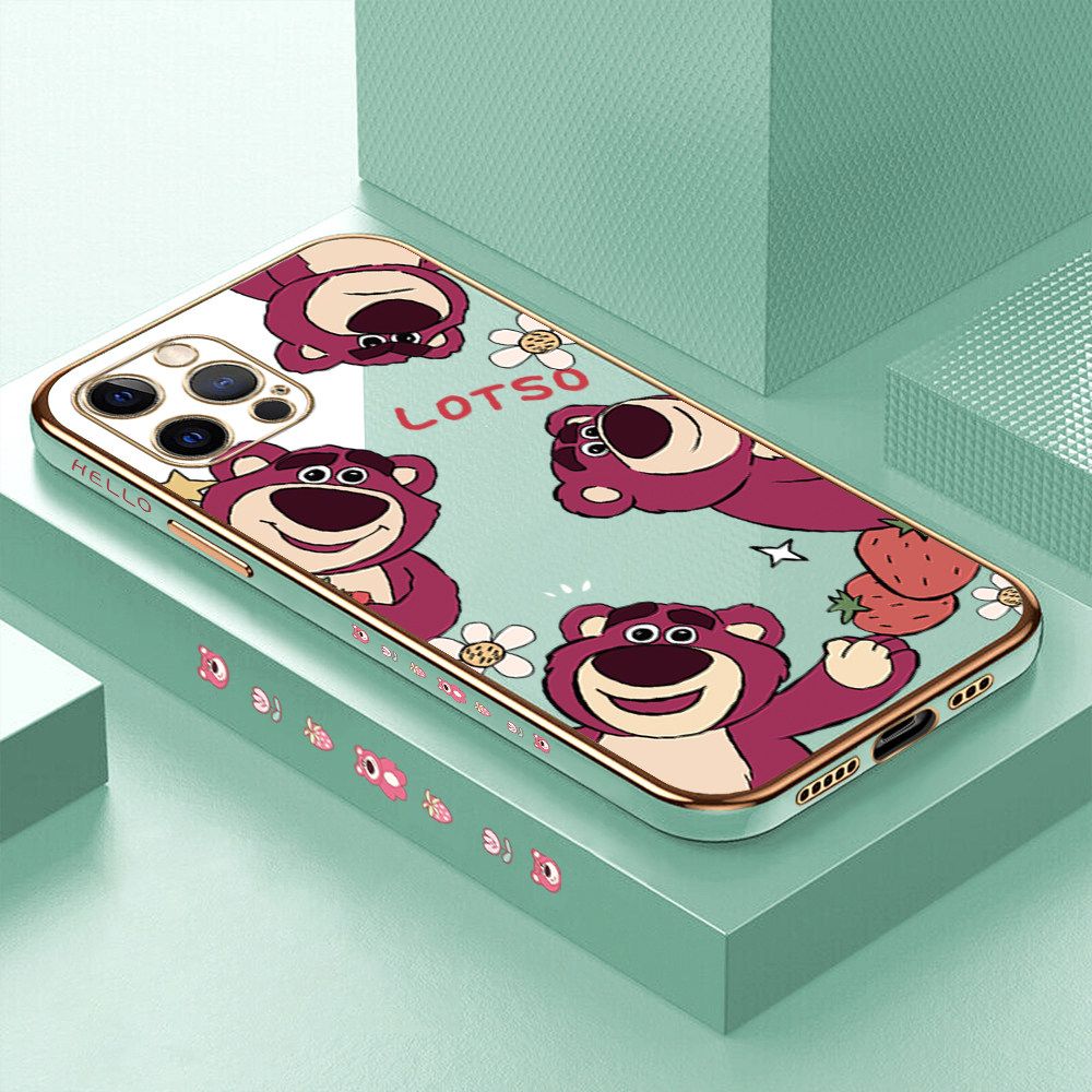 ZeroQiQi for iPhone 12 Pro Back Cover Cute Bear Luxury 6D Plating Case Side Pattern Soft Silicone Square Phone Cases + Free Lanyard