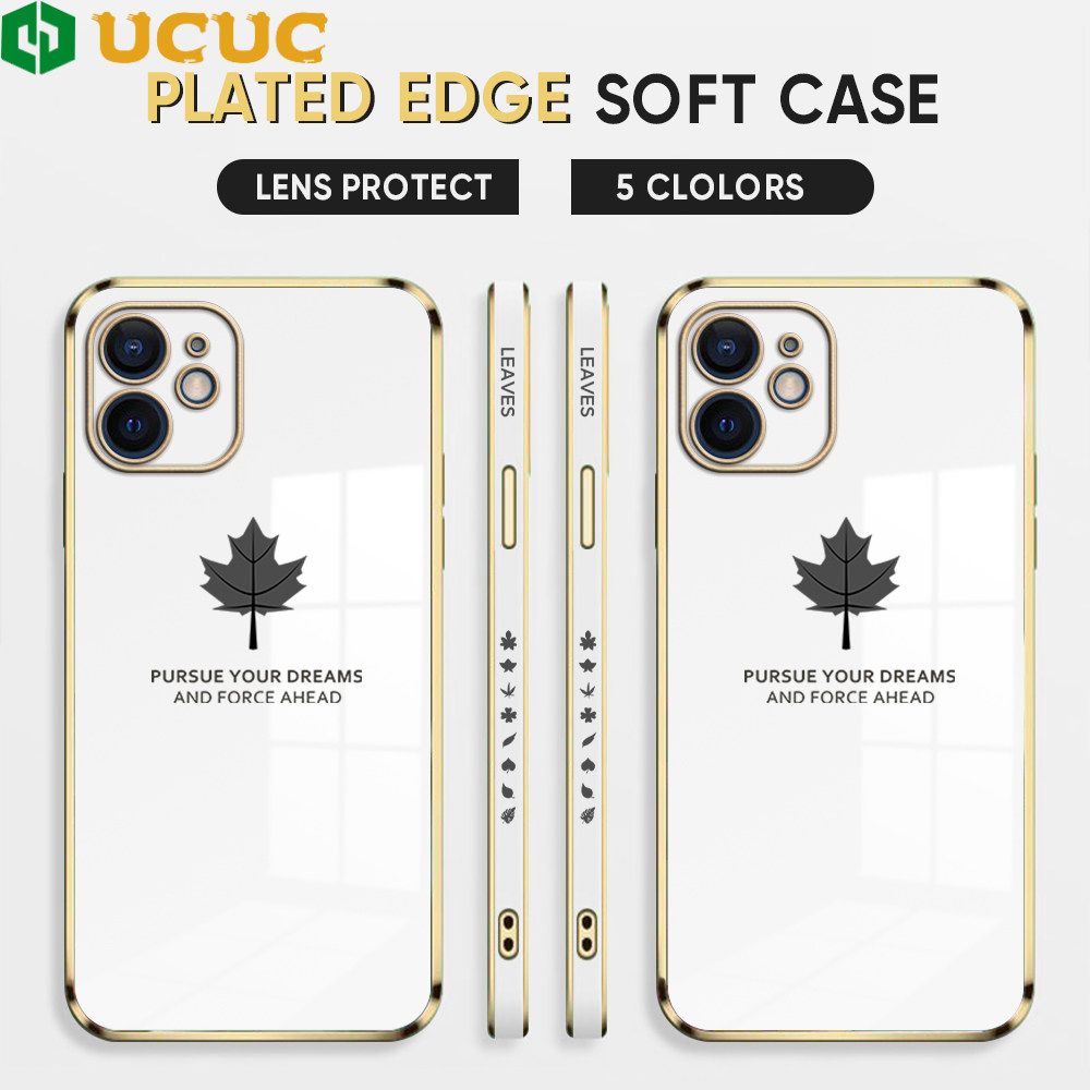 UCUC for iPhone 12 Back Cover + Free Lanyard Maple Leaf Luxury 6D Plating Case Side Pattern Soft Silicone Square Phone Cases