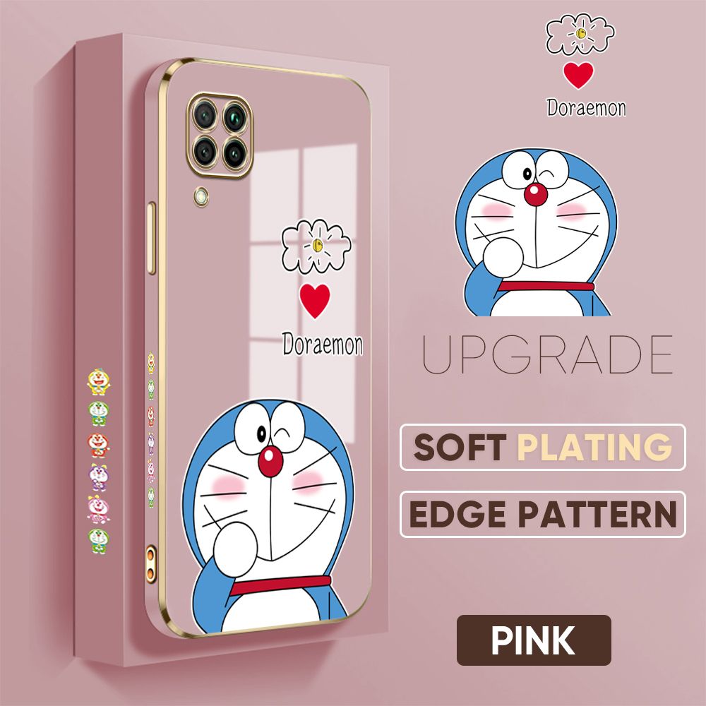 Jizetin (Free Lanyard) Huawei Nova 7I Cover Sneak Doraemon Luxury 6D Plating Soft Casing Silicone Square Frame Phone Case Shiny Bling Back Cover
