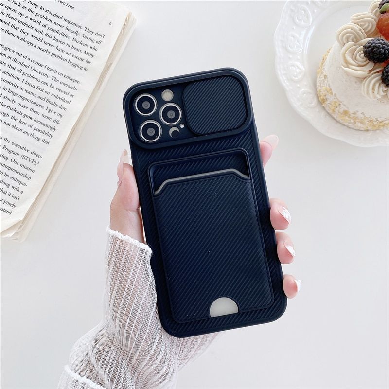 Slide Camera Protection Carbon Fiber Case For iPhone 13 Pro Max 12 11 XR XS X SE 2 6S 7 8 Plus Wallet Card Holder Silicone Cover